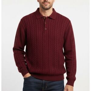 Oscar Jacobson Mens Wine Wool Cable Knit Wind Stopper Collared Golf Sweater Sz L